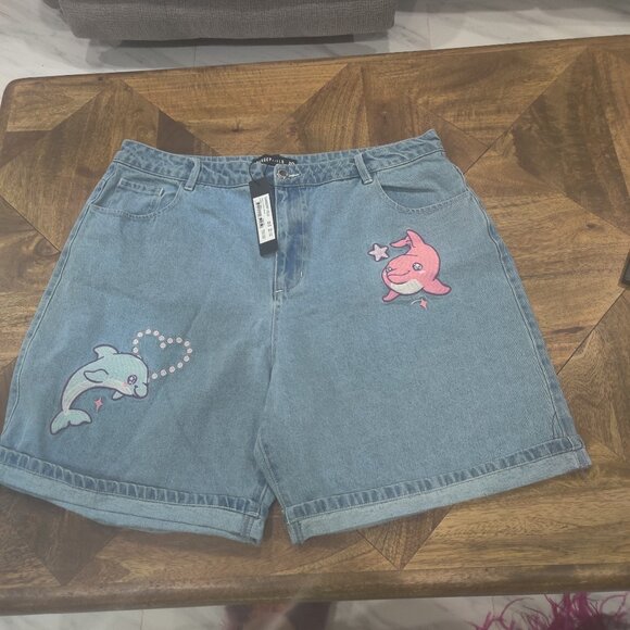 Dangerfield dolphin embroidered denim shorts size 20 AU New - Picture 1 of 4